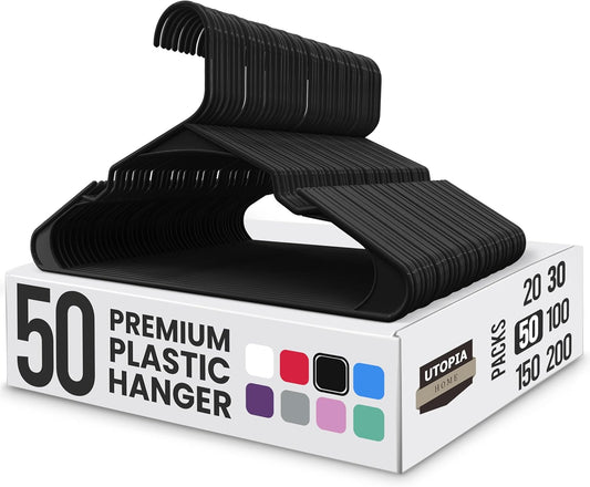 Utopia Home Plastic Hangers - 50 Pack Space-Saving Non-Slip Clothes Hangers for Closet Organization | Black