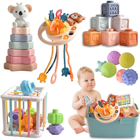6-in-1 Montessori Sensory Activity Toy for Babies 6-18M.Shape Sorter Bin, Pull String Activity Toy, Soft Stacking Blocks Travel-Friendly Stroller & High Chair Toys for Infants for fine Motor Skills