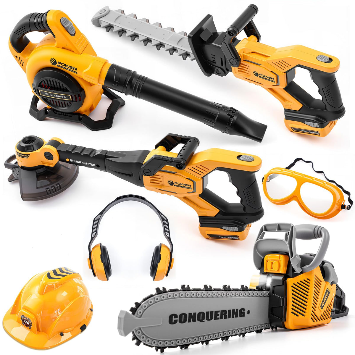 Arrowbash 7 Pcs Kids Gardening Tool Set, Toy Leaf Blower, Chainsaw, Hedge Trimmer, Weed Trimmer with Safety Goggles Helmet Earmuffs, Realistic Outdoor Toys Set with Sound Light for Summer Outdoor