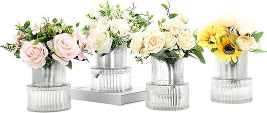 Ribbed Glass Vases, Set of 4 Small Vases for Flowers, Clear Glass Vase for Tulips, Modern Vase for Living Room, Kitchen, Office, Entryway, Bookshelf, Wedding Gifts, Birthday, 6 Inches