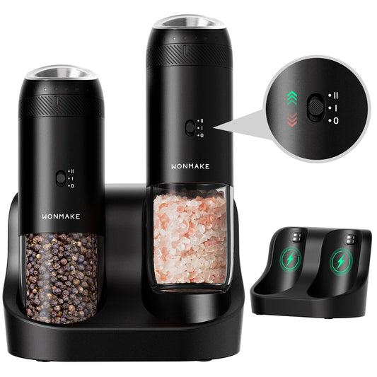 WONMAKE Gravity Electric Salt and Pepper Grinder Set with Charging Base, Automatic Salt and Pepper Mill, 6-Level Adjustable Coarseness, Dual Speed, and Large 5.95oz Capacity