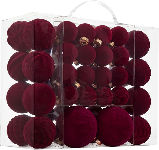 Velvet Christmas Ball Ornaments - 46-Piece Assorted Shatterproof Tree Decorations Set | Burgundy, 3 Sizes