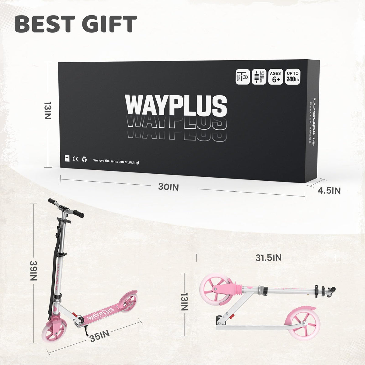 WAYPLUS Kick Scooter for Ages 6+,Kid, Teens & Adults. Max Load 240 LBS. Foldable, Lightweight, 8IN Big Wheels for Kids, Teen and Adults, 4 Adjustable Levels. Bearing ABEC9