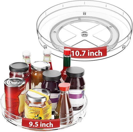 Optish 2 Pack Lazy Susan Organizer, 9.5" 10.7" Lazy Susan Turntable for Cabinet, Spice Organization for Cabinet, Refrigerator, Pantry, Closet, Countertop, Non-Skid Turntable Organizer, Clear