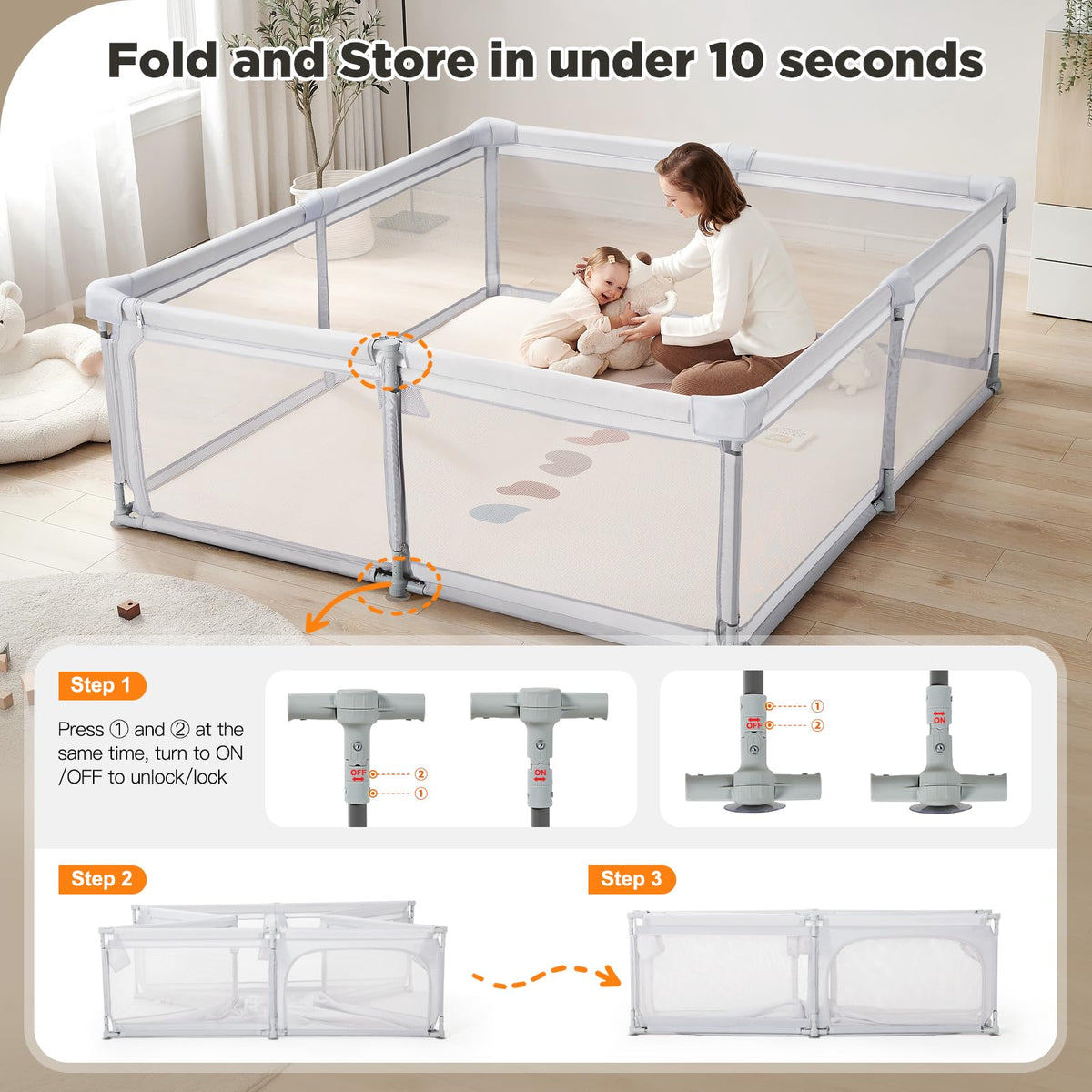Baby Playpen,79"x59" Foldable Playpen for Babies and Toddlers with Gate,Large Play Pen with Zipper Door,Baby Play Pen Play Area(Light Grey)