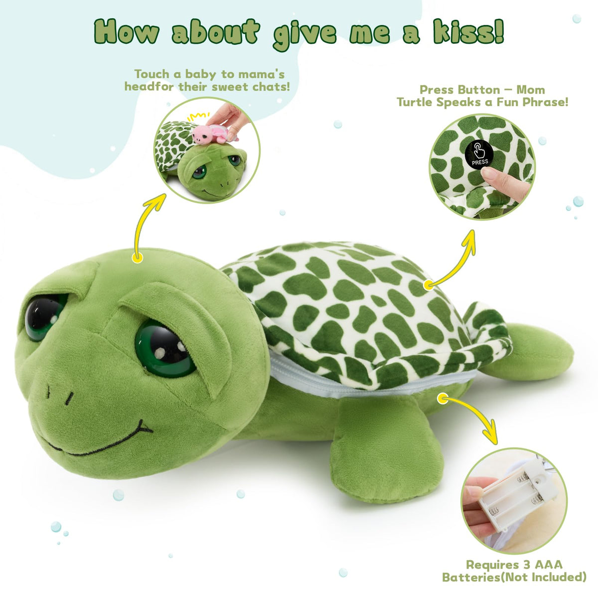 Karister 6Pcs Sound Turtle Plush Toy, 14" Talking Mother Turtle Stuffed Animal with 3 Baby Tortoise & 2 Eggs, Stuffed Educational Sea Creature for Kids, Ocean Plushies Gift for Birthday Christmas