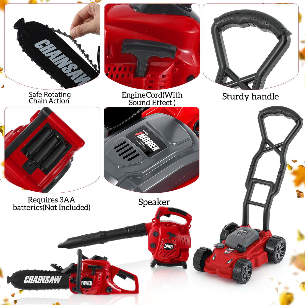 Arrowbash 3-in-1 Kids Gardening Toy Set, Toy Leaf Blower & Chainsaw & Push Lawn Mower with Realistic Sound, Outdoor Backyard Play Educational Learning Birthday Summer Gift for 3-8 Boys Girls