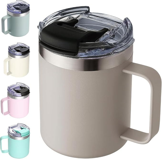 12oz Insulated Coffee Mug Cup with Handle, Stainless Steel Travel Coffee Mug with Flip Lid, Double Wall Vacuum Coffee Tumbler,Apricot