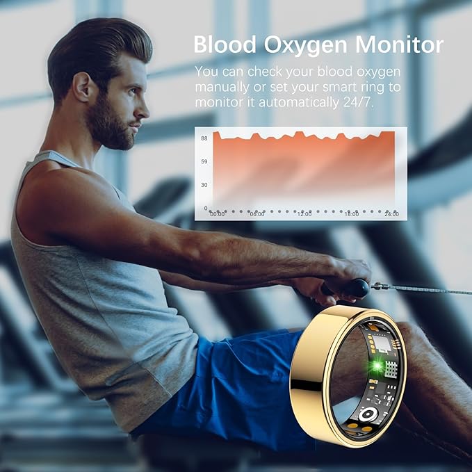 Ring Health Tracker for Women Men, Fitness Tracker with Heart Rate, Blood Oxygen, Sleep Monitor, Calories, Step Counter, IP68 Waterproof Smart Ring for iPhone & Android, No Subscription Fee (Gold, 7#)