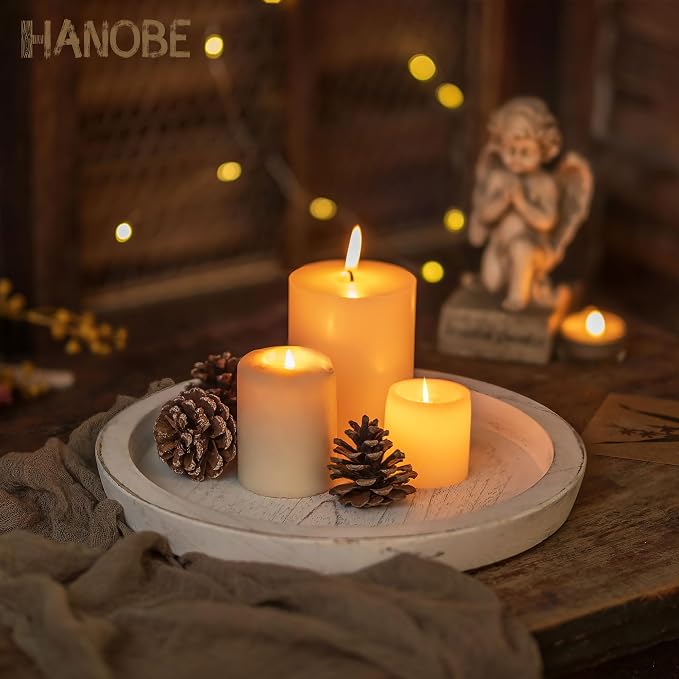Hanobe Rustic Wooden Serving Tray: Round Wood Decorative Tray Rustic White Set of 2 Centerpiece Candle Holder Trays Farmhouse Ottoman Tray for Kitchen Counter Home Decor for Coffee Table