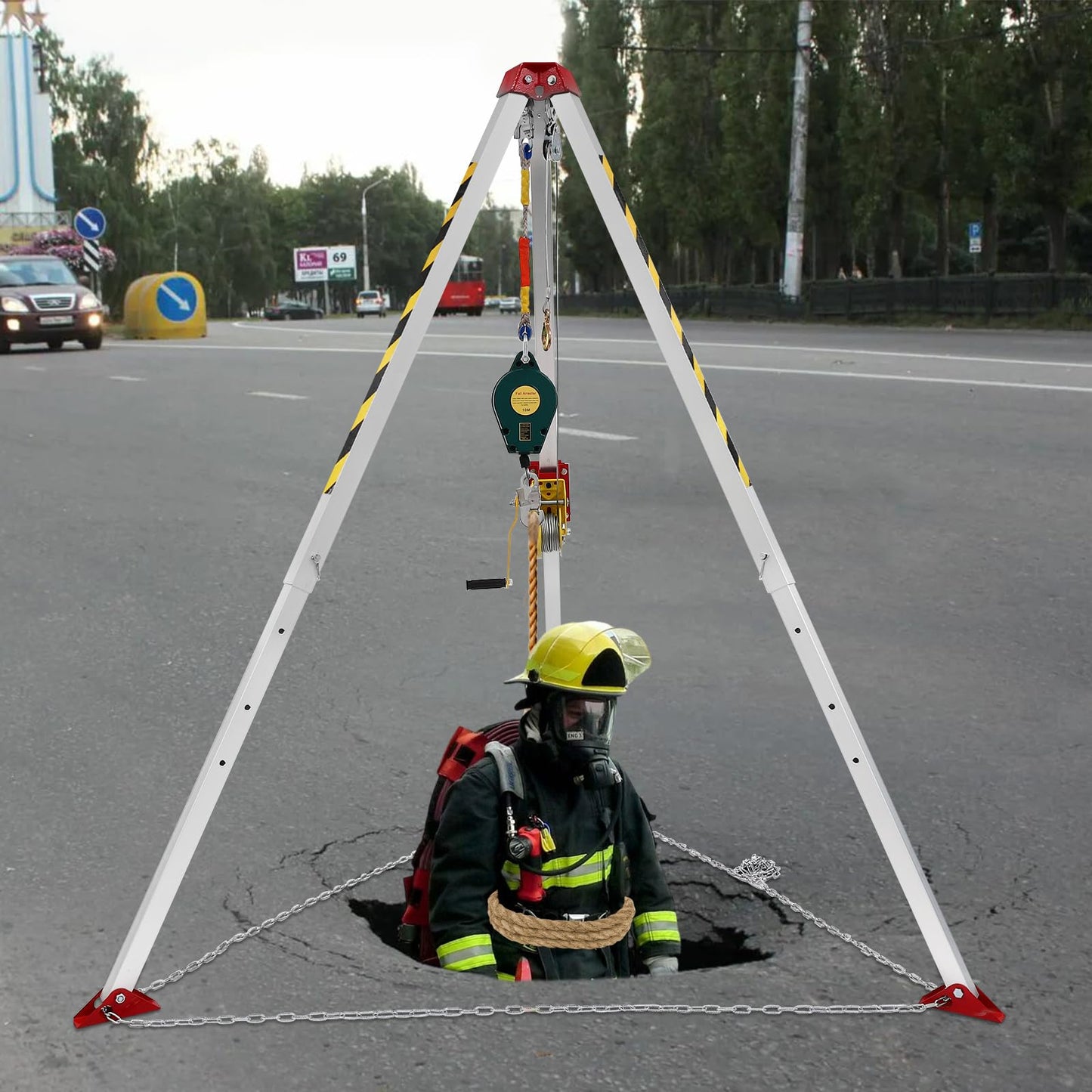 Confined Space Tripod Kit, Rescue Tripod with Winch Mount and Long Steel Wire, Adjustable Rescue Tripod Fall Arrester Triangular Support Bracket and Ring Protection Chain
