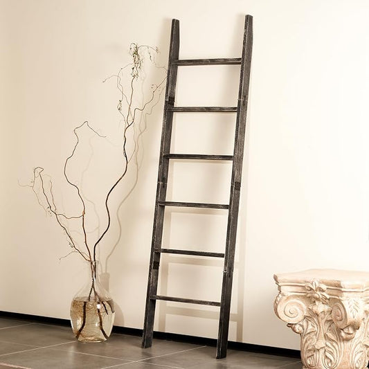 Blanket Ladder for The Living Room 6-Tier, Wooden Decorative Quilt Holder for Bed Room, Wall-Leaning Wood Towel Rack for Bathroom，Rustic Farmhouse Ladders for Display.(Black Wash)
