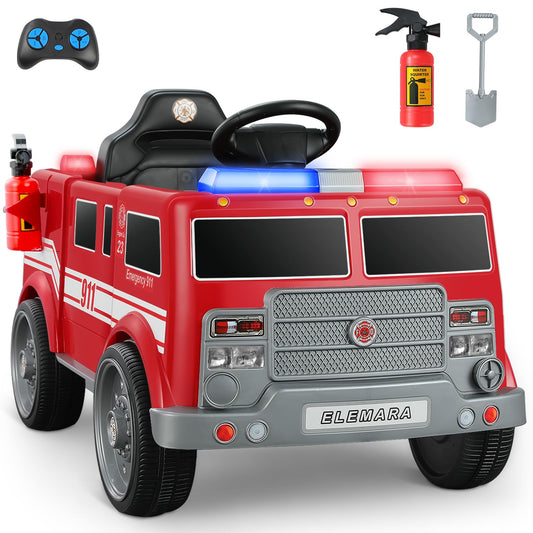 ELEMARA 12V Ride on Fire Truck, Battery Powered Toddler Electric Vehicle w/Parent Remote Control,Ride on Car for Kids,Siren-Call,walkie-talkies, Flashing Lights,Fire Extinguishers, Bluetooth,Music,UBS