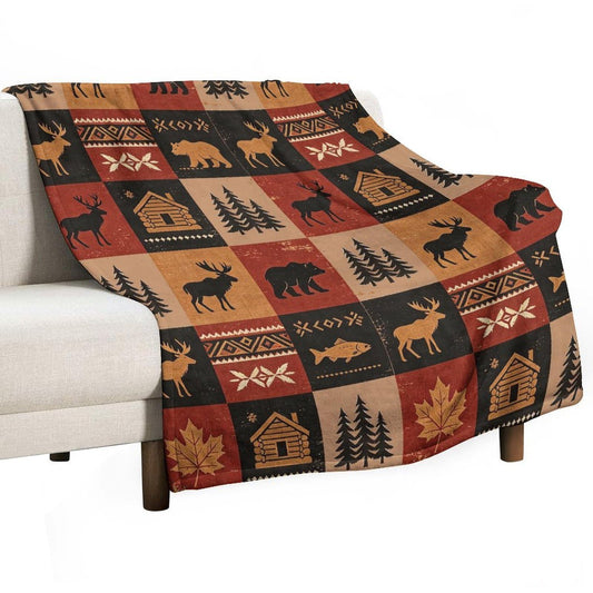 Bear Rustic Cabin Moose Blanket Soft Flannel Farmhouse Throw Blanket Gifts for Adults Cozy Blanket for Red Black Check Farmhouse Art All Season Couch Bed Sofa Home Decor, 50"x60"