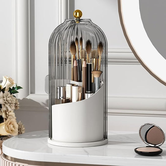 YOOLENS Makeup Brush Holder with Lid 360 Rotating Clear Dustproof Make Up Organizers for Vanity Bathroom Countertop, Gray