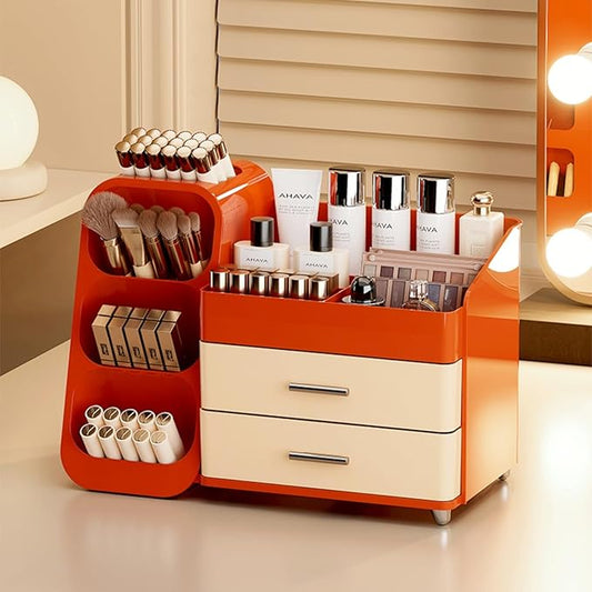 Makeup Organizer with Drawers,Large Capacity Countertop Organizer for Vanity,Bathroom and Bedroom Desk Cosmetics Organizer,Easy To Storage Skincare,Brushes,Lotions (Red and Cream)