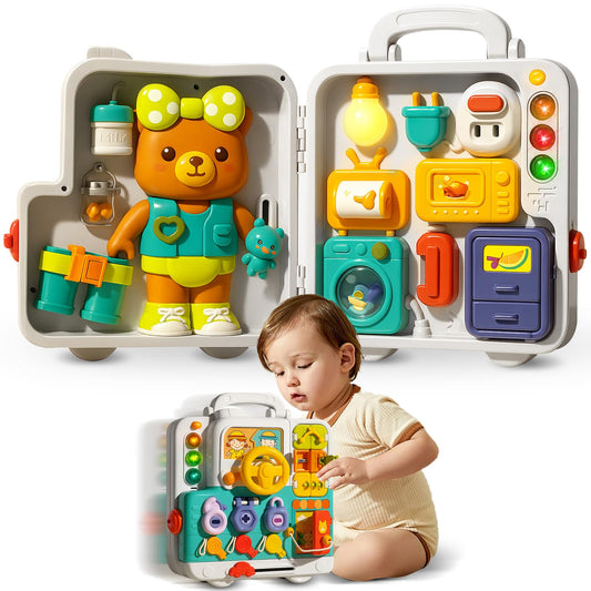 ROHSCE Montessori Busy Board for Toddlers 1-3, Baby Educational Activity Board with Lights & Music, Sensory Toys for Fine Motor Skills, Travel Toys for Airplane Cars, Gift for Boys Girls