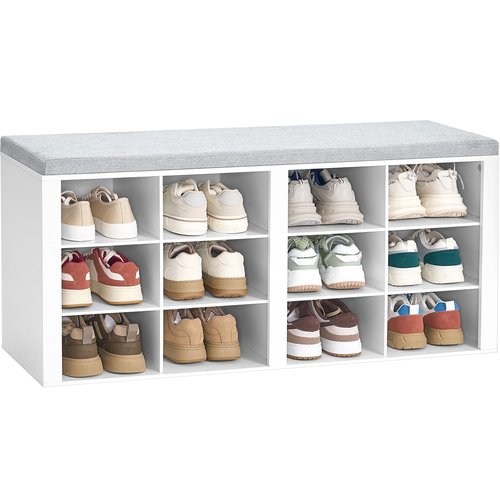 Hzuaneri Shoe Bench with Cushion, Entryway Storage Bench with 12 Cubbies, Cubby Shoe Rack with Adjustable Shelves, Shoe Organizer Cabinet for Living Room, Bedroom, Entryway, White SB19003GY
