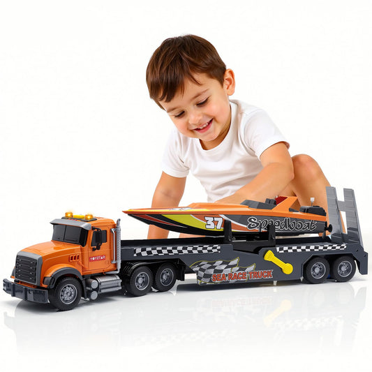 Kids Toys for 3 4 5 6 Years,21" Semi Transport Truck Toy with Speedboat Vehicle Cars, Friction Powered Extra Large Truck Vehicle with Lights & Sounds for Boys Girls Toddlers Christmas Birthday Gifts
