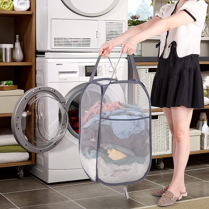 BATTOO 3 Pack Collapsible Laundry Basket Strong Mesh Pop Up Laundry Hamper for Laundry Foldable Hampers with Side Pocket Reinforced Handles for Bathroom, Kids Room, College Dorm or Travel Grey