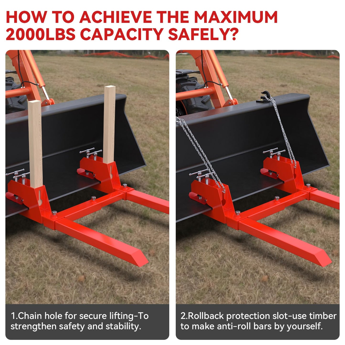Upgraded 43" Tractor Bucket Forks,Clamp on Pallet Forks with Anti-Slip Tongue 2000LBS,Twin Screw Design,Adjustable Stabilizer Bar,Heavy Duty Skid Steer Pallet Forks for Tractor Bucket Loader, Red