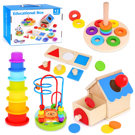 KMTJT Montessori Educational Toys for 1+ Year Old Toddler, 1st First Birthday Gifts for 1-2 Years, Includes Stacking Cups, 2 in 1 Object Permanence Box, Bead Maze, Mirror Puzzle and More