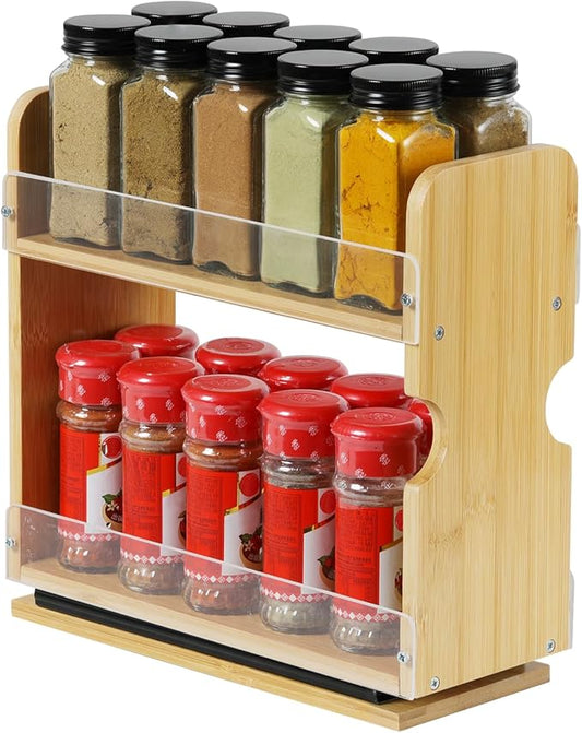 2 Tier Pull Out Spice Rack Organizer, Bamboo Sliding Spice Rack for Kitchen Cabinet, (4.4" W x 10.6" D x 10.4" H) Spice Storage, Pantry Organization
