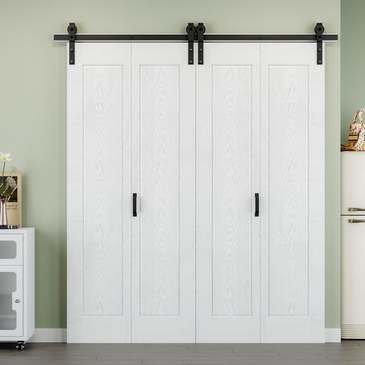 64" x 84" 1 Panel Bifold Barn Door, 72" Track Kit for 4 Closet Doors, Pre-Assembled Panel Bi-fold Barn Door for Pantry, Primed White Finish with Water-Resistant and Scratch-Resistant, Paintable