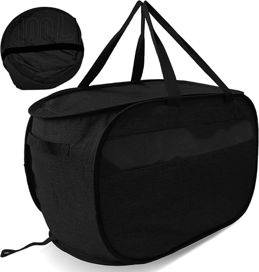Upgraded 100L Extra Large Mesh Pop Up Laundry Hamper with Lid & Handles, XL Foldable Dirty Clothes Basket for Home Dorm Closet Storage, Portable Laundry Bin, Black. H