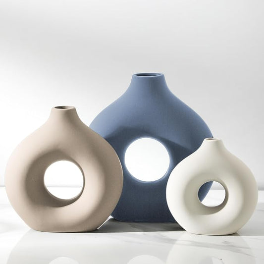 Vanselia Ceramic Vase Home Table Decor - Flower Vases Set of 3 Small Living Room Centerpiece Decorations for Shelf Bedroom Office Kitchen Dining Desk Modern Aesthetic Farmhouse Decorative (Blue)