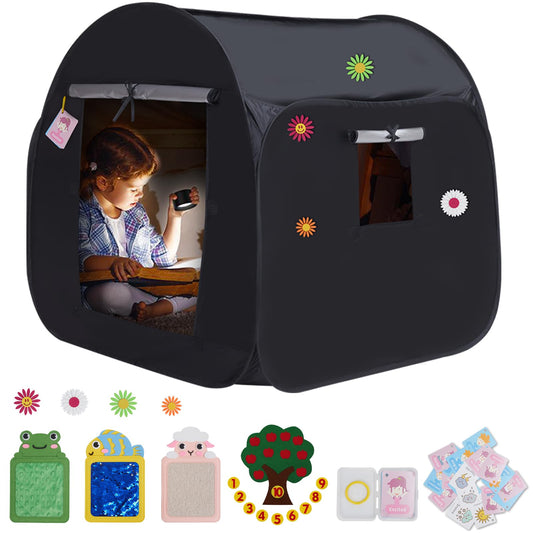 Kids Pop-up Sensory Tent, Foldable Blackout Tent for Children with Autism and ADHD, Calm Corner with Cognitive Toys Included, with Mesh Windows， Ideal for Kids with Special Sensory Needs