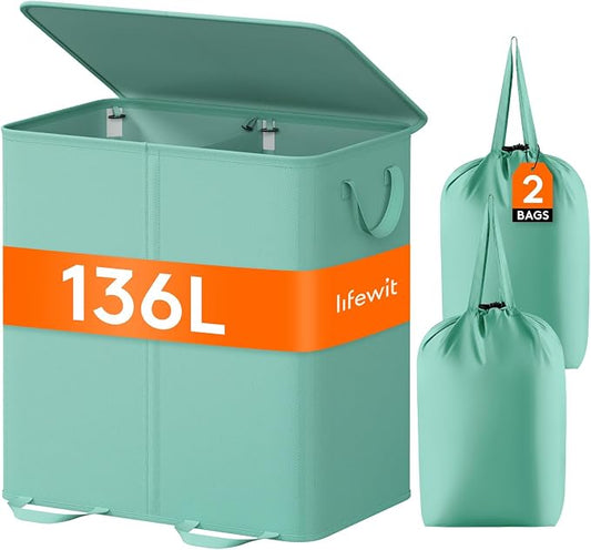 Lifewit Double Laundry Hamper with Lid and Removable Laundry Bags, Large Collapsible 2 Dividers Dirty Clothes Basket with Handles for Bedroom Laundry Room Closet Bathroom College, 136L Sage Green