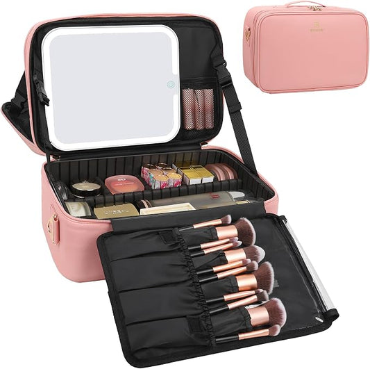 Chomeiu Makeup Bag with LED Mirror, Large Travel Cosmetic Train Case for Women, Makeup Artists Large Organizer Box with Vanity Light Up Mirror, 3 Color Lights, Adjustable Dividers (Pink)