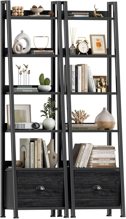 Furologee Bookshelf Set of 2, 6-Tier Ladder Shelf, Ladder Bookshelf with Drawer, Set of 2 Bookshelves, Wood Metal Freestanding Storage Shelf for Living Room, Home Office, Bedroom, Kitchen,Black Oak