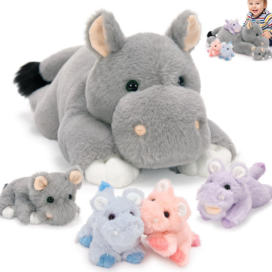 Tezituor 5Pcs Hippo Stuffed Animals Toy with Babies, 16'' Large Mommy Stuffed Hippo Plushies with 4 Cute Babies, Cute Hippopotamus Plush Body Pillow for Boys Girls