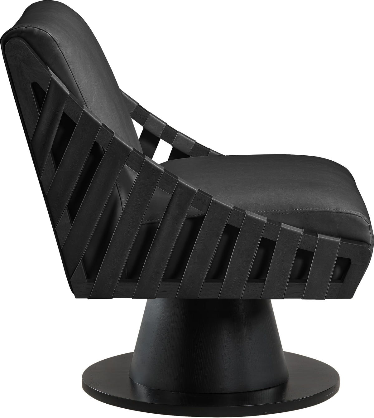 Meridian Furniture 33002Black Millwin Collection Art Deco Swivel Accent Chair with Rich Black Vegan Leather, Black Finish, Solid Wood Frame and Base, 28" W x 30" D x 32.5" H, Black