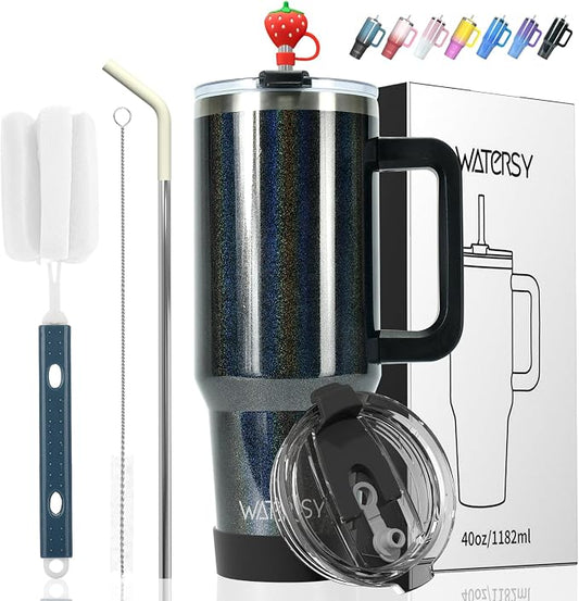 40 oz Shiny Tumbler with Handle and Straw,Stainless Steel Tumbler with Lid and Straw,Insulated Travel Mug(Cold for 34 Hours),Water Bottle for Iced Tea,Coffee (Black)