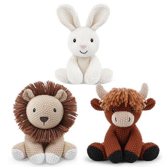 3Pcs Easter Stuffed Animals Toys for Girls 7-8 Inch Cute White Bunny Plush, Cuddly Highland Cattle Toy and Soft Crochet Lion Knitted Cotton Baby Plush Toy Gift for Kids and Newborns, Christmas