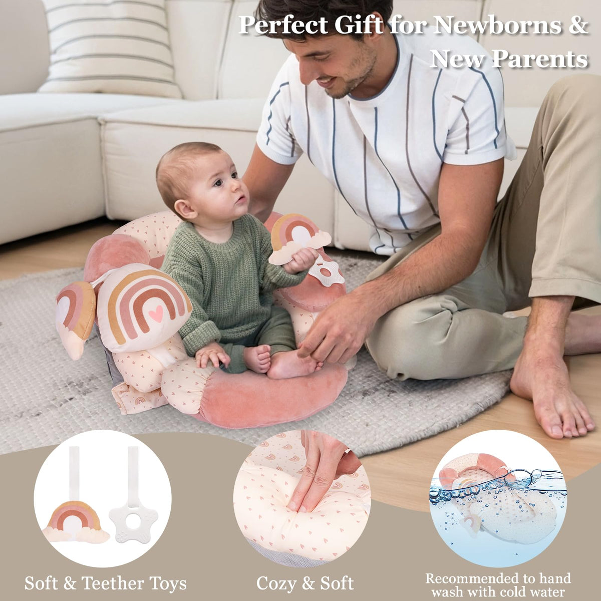 4 in 1 Tummy Time Mat with Educational Cards, Play Mat & Sitting Support for Newborn 0-12 Months, Infant Baby Sit Me Up Floor Seat, Sensory Skills Gifts, Rainbow