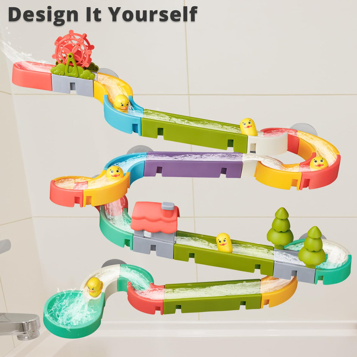 SOCBTNSO Duck Slide Toys, Bath Toys for Kids Ages 4-8, DIY Building Kit for Ages 5-7, Bathtub Time Birthday Gift for Toddler 3 + Year Old (51 PCS)