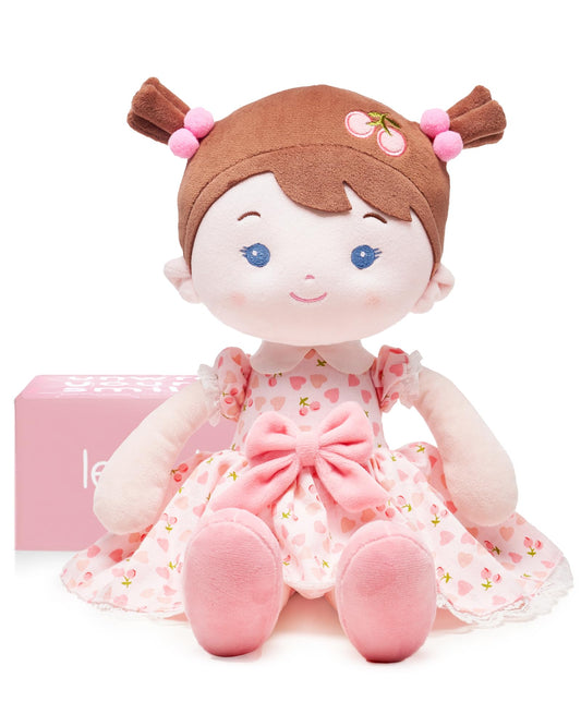 LeyaDoll Soft Baby Doll Toys (16''), My First Baby Rag Doll for 1 Year-Old Girl Birthday Gift,Christmas Plush Toys Gift for Toddler Kids Infants-Cherry