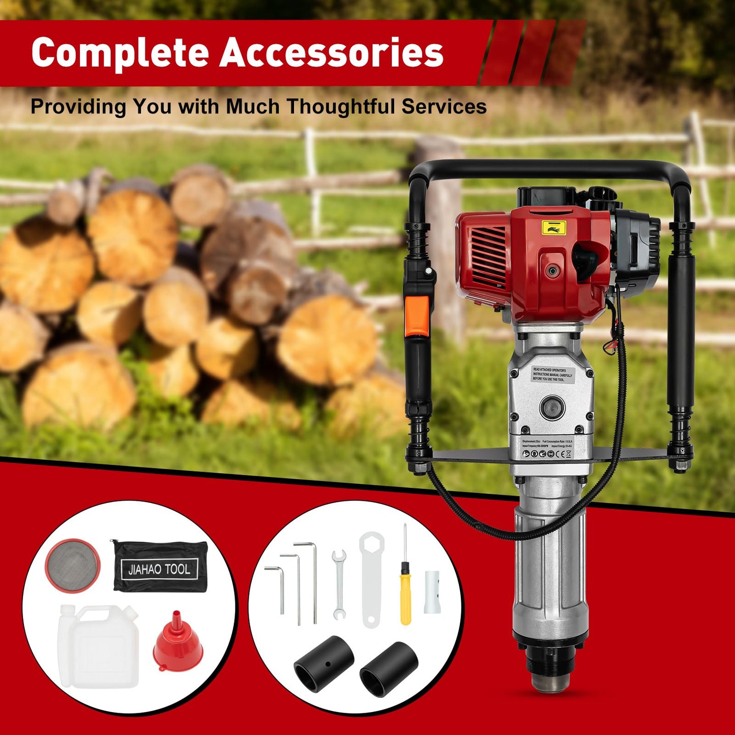 AKSDSGA 52CC Petrol Post Driver 2 Stroke Gas Powered T-Post Driver Hammer Drills with 2 Post Driving Heads, Air Cooling Single Cylinder Gasoline Petrol Garden Fencing Tool Machine
