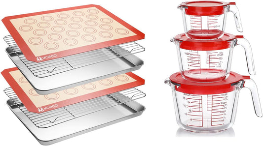 Skiennix Stainless Steel Baking Sheet Tray Set - 6 Pcs Cooling Rack & Silicone Mat with 6 Glass Measuring Cups