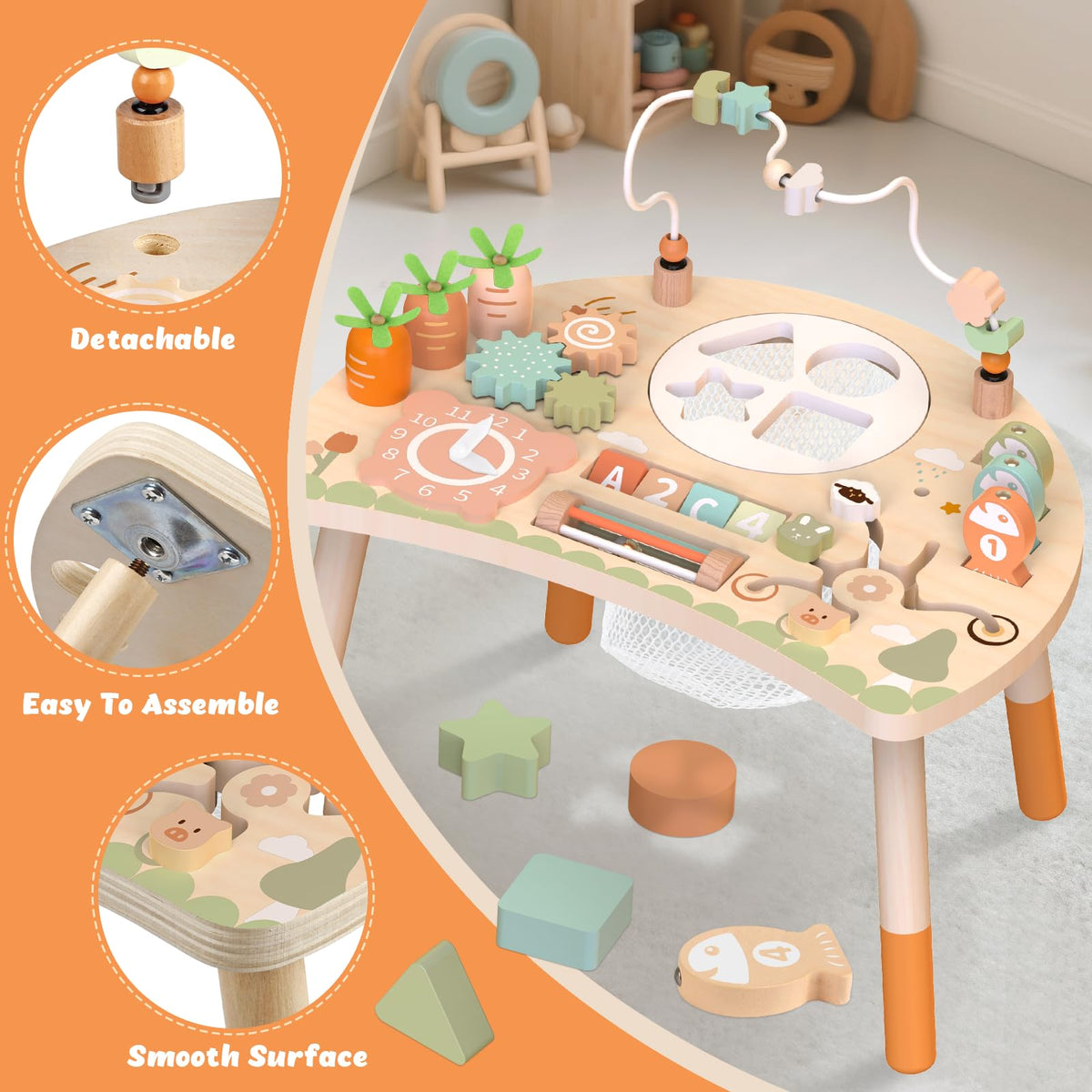 Weilim Activity Table, 9-in-1 Wooden Montessori Toy Activity Center with Shape Sorter Fishing Game Bead Maze, Baby Play Table Sensory Educational Toys for Toddler