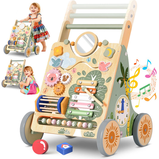 Wooden Baby Walker with Wheels, Speed & Height Adjustable, Baby Push Walker for 6-12 18 Months Boys Girls, Montessori Walker Easter Toy for 1 Year Old, Learning to Walk & Sit-to-Stand Activity Center