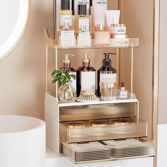 Delamu Bathroom Organizers and Storage, 2 Tier 3 Drawer Makeup Organizer Countertop, Easy to Install, Ideal for Bathroom Counter, Vanity, Ideal Gifts for Women Girls, Amber
