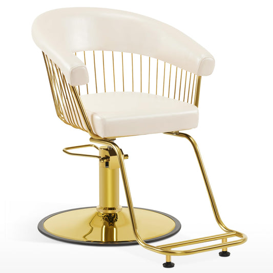 BarberPub Hydraulic Salon Chair, Gold&Black&White Classic Style Barber Chair for Hair Stylist, Iron Frame Beauty Spa Salon Styling Chair with Heavy-Duty Pump for Women Men 8677 (Champagne)
