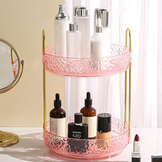 Fangoo 2 Tiers Pink Rotating Makeup Organizer for Vanity, 360 Spinning Skincare Organizers for Dresser Perfume Organizer Large Skincare Make up Storage Cosmetic Organizer for Bathroom Countertop