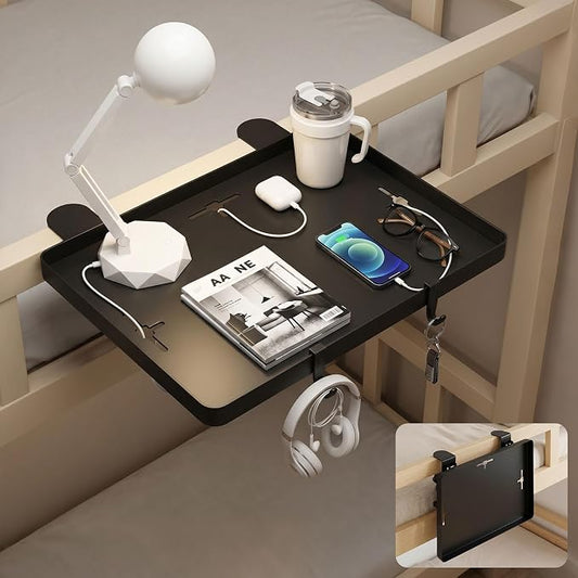Bedside Shelf Foldable, Heavy Duty Bed Shelf for Dorm Room Bunk Bed & Top Bunk, Metal Clip-On Bedside Table Tray for College Dorm Room Essentials Loft Nightstand Organizer Tray with 3 Cord Hole
