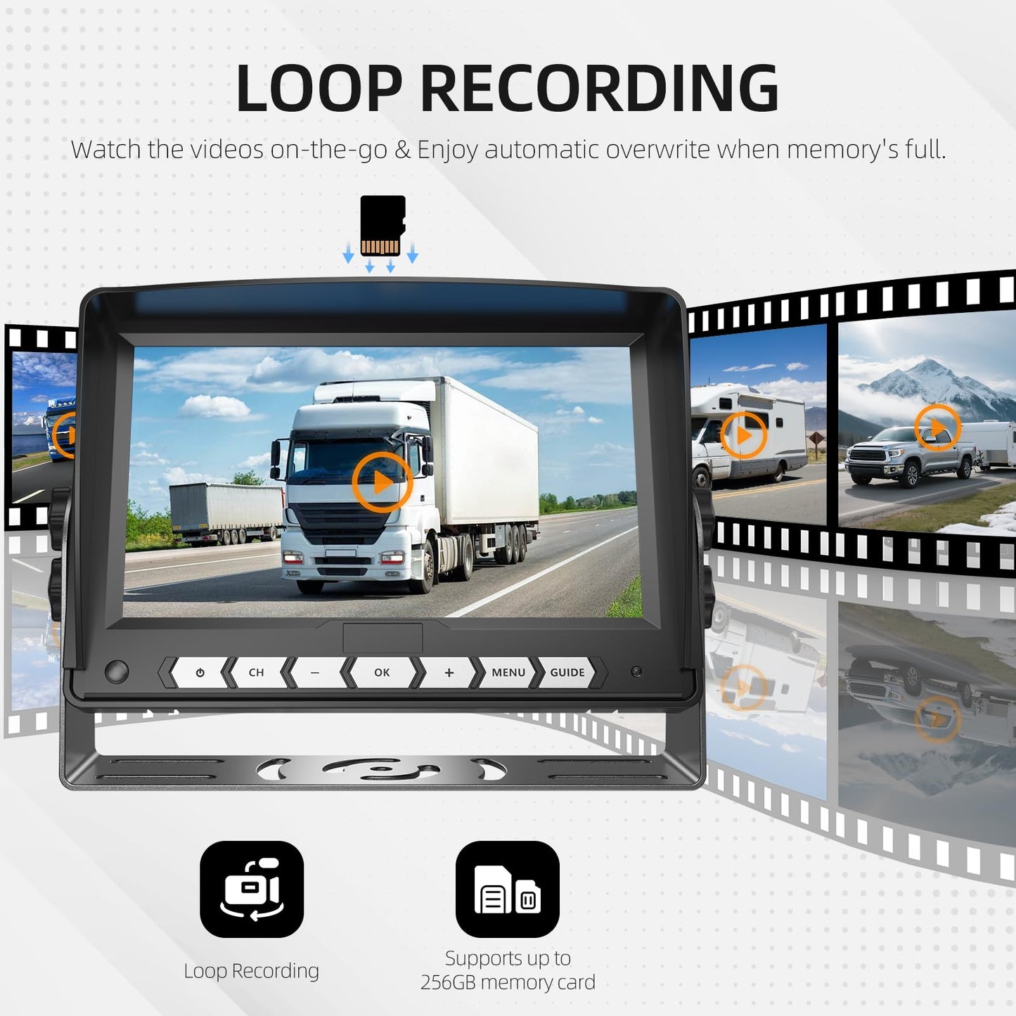 Tulakeey 7'' Wired Backup Camera System with DVR Recording, 1080P HD Monitor & IP69 Waterproof RV Rear View Camera, Loop Recording, Split Screen, 12V-24V
